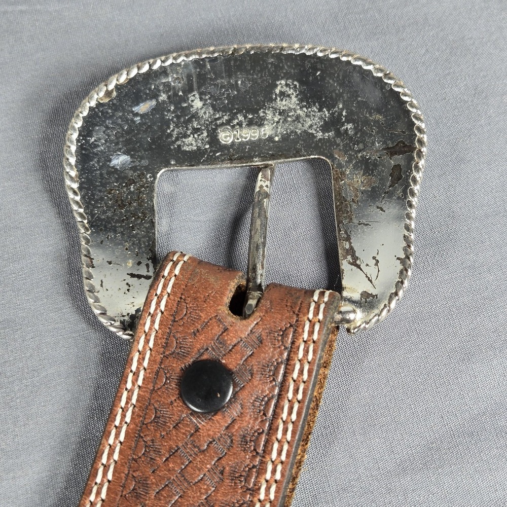 Vintage John Deere Mens 44 Belt Brown Leather Basketweave Tooled Western 90s - Picture 6 of 12